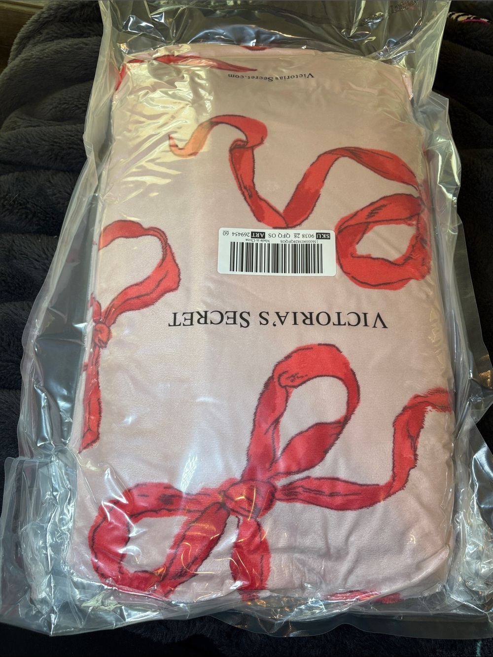 Victoria's Secret Pink Fuzzy Blanket with Red Ribbon Design